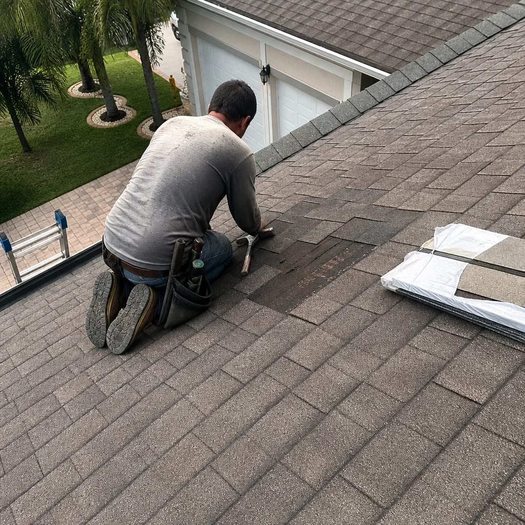 A roofing contractor performing shingle repair work on a residential roof.