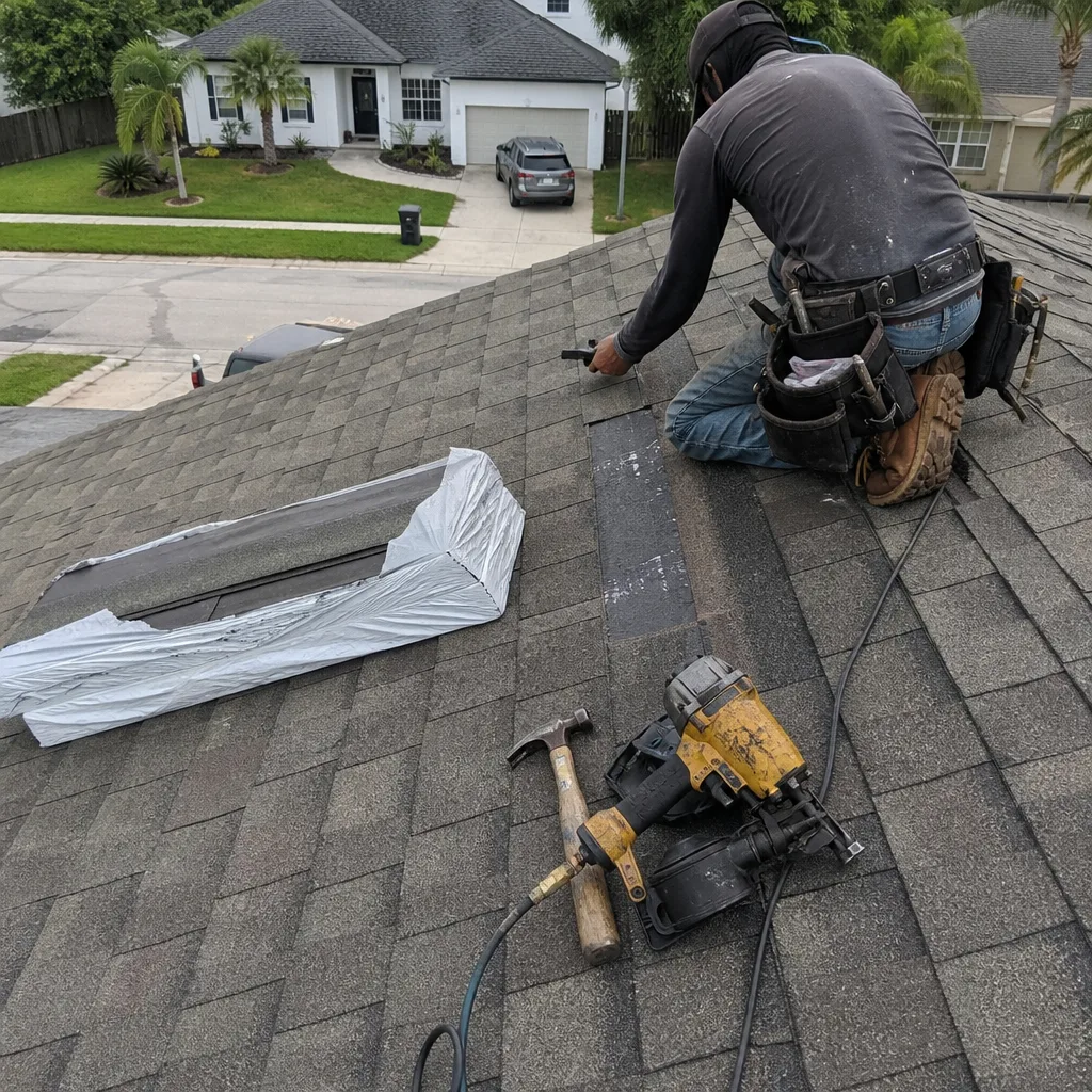 Roofing contractor performing a professional roof repair on a residential shingle roof