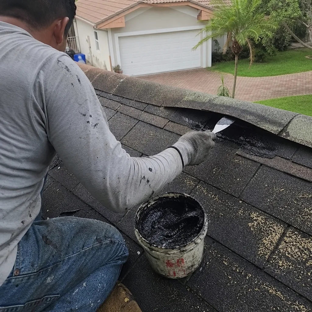 Roofing professional applying sealant to repair damaged asphalt roof shingles