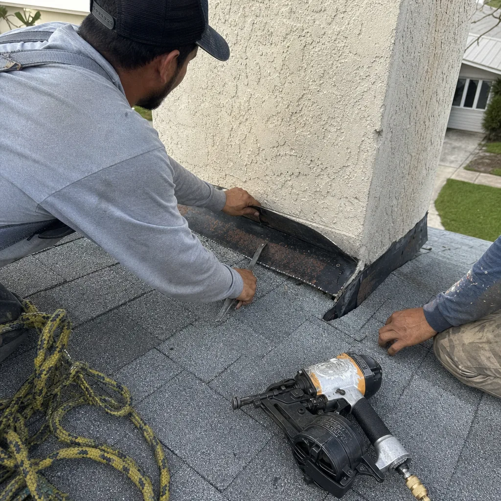 Roofers installing metal chimney flashing on a residential shingle roof