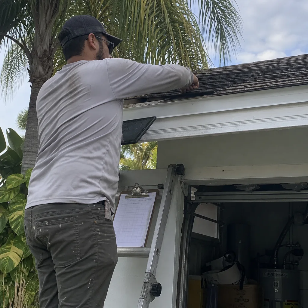 Roofing professional performing a detailed roof inspection on a ladder