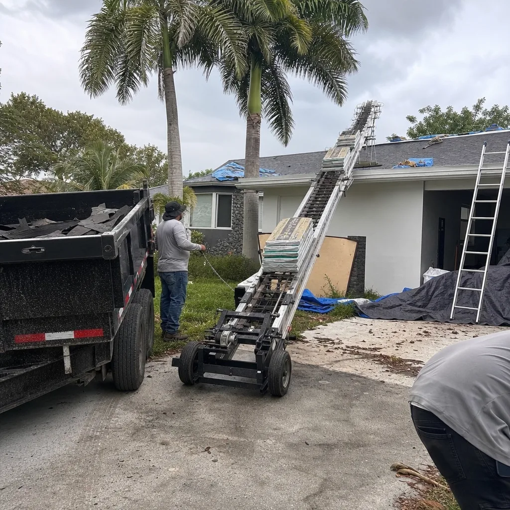 Roofing crew using a conveyor system to transport materials to a roof